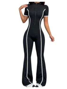 WDIRARA Zip Up Short Sleeve Workout Jumpsuit Flare Leg Gym Romper